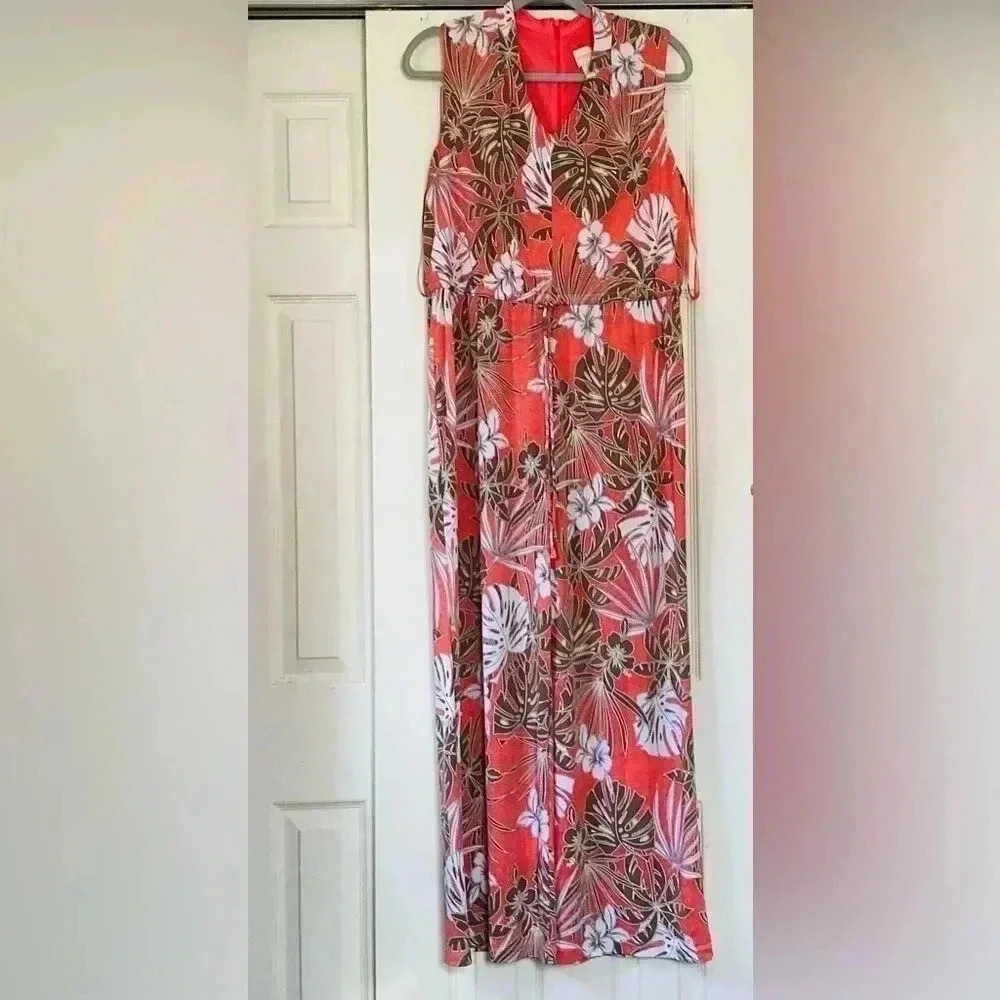 Chicos Jumpsuit Floral Tropical Beach Coral Blouse Top Jumpsuit Size 2P, Medium